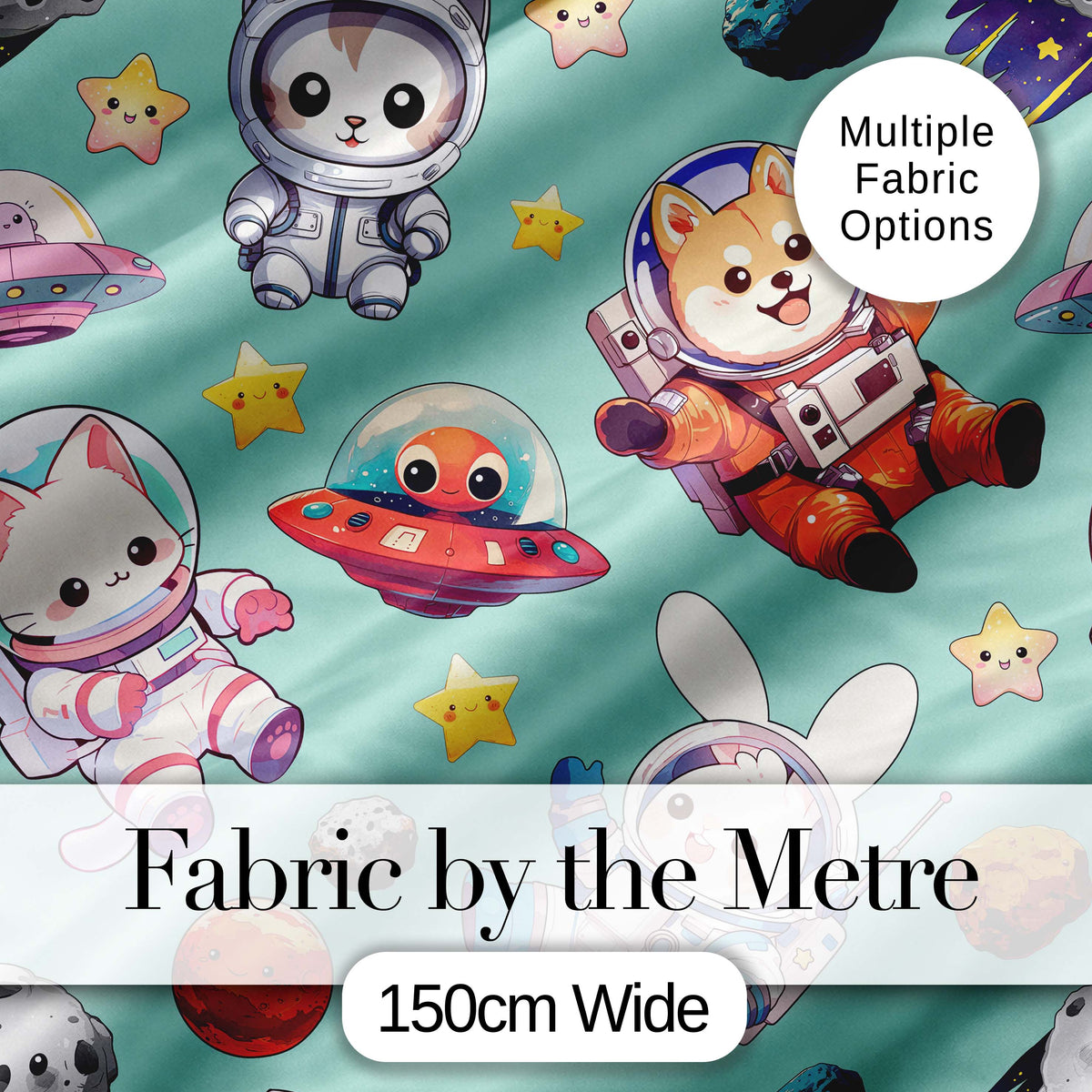 Space Animals Astronaut Dog Bunny UFO Stars Seamless  Mint Background Digital Print Fabric by the Metre UK Sewing Quilting Textile