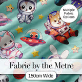 Space Animals Astronaut Dog Bunny UFO Stars Seamless  Mint Background Digital Print Fabric by the Metre UK Sewing Quilting Textile