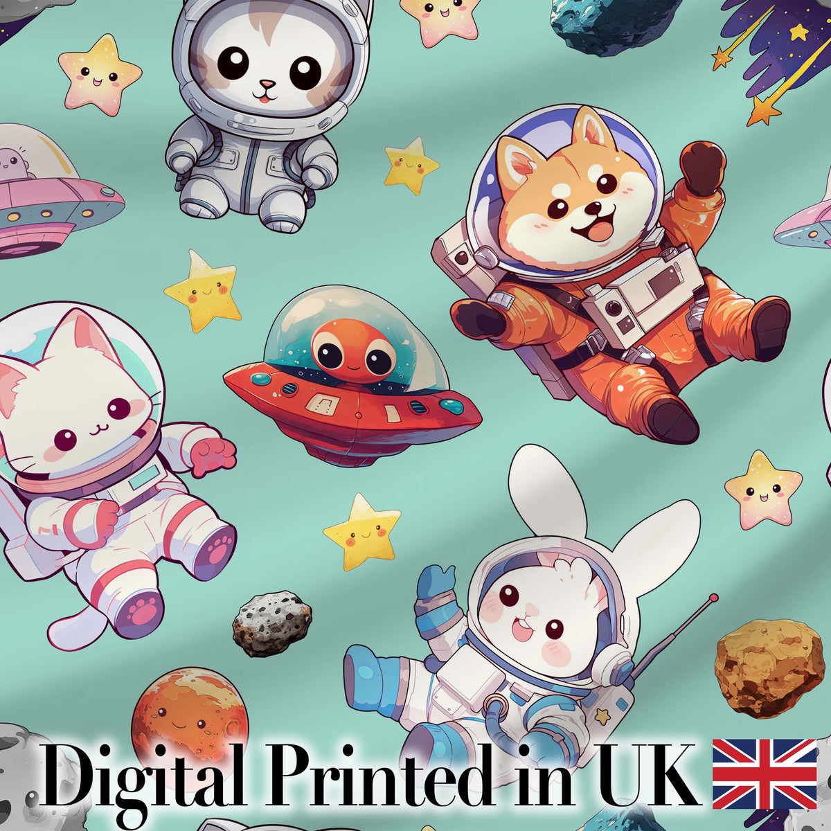 Space Animals Astronaut Dog Bunny UFO Stars Seamless  Mint Background Digital Print Fabric by the Metre UK Sewing Quilting Textile