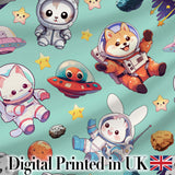 Space Animals Astronaut Dog Bunny UFO Stars Seamless  Mint Background Digital Print Fabric by the Metre UK Sewing Quilting Textile