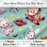 Space Animals Astronaut Dog Bunny UFO Stars Seamless  Mint Background Digital Print Fabric by the Metre UK Sewing Quilting Textile
