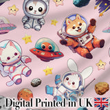 Space Animals Astronaut Dog Bunny UFO Stars Seamless  Blush Pink Background Digital Print Fabric by the Metre UK Sewing Quilting Textile