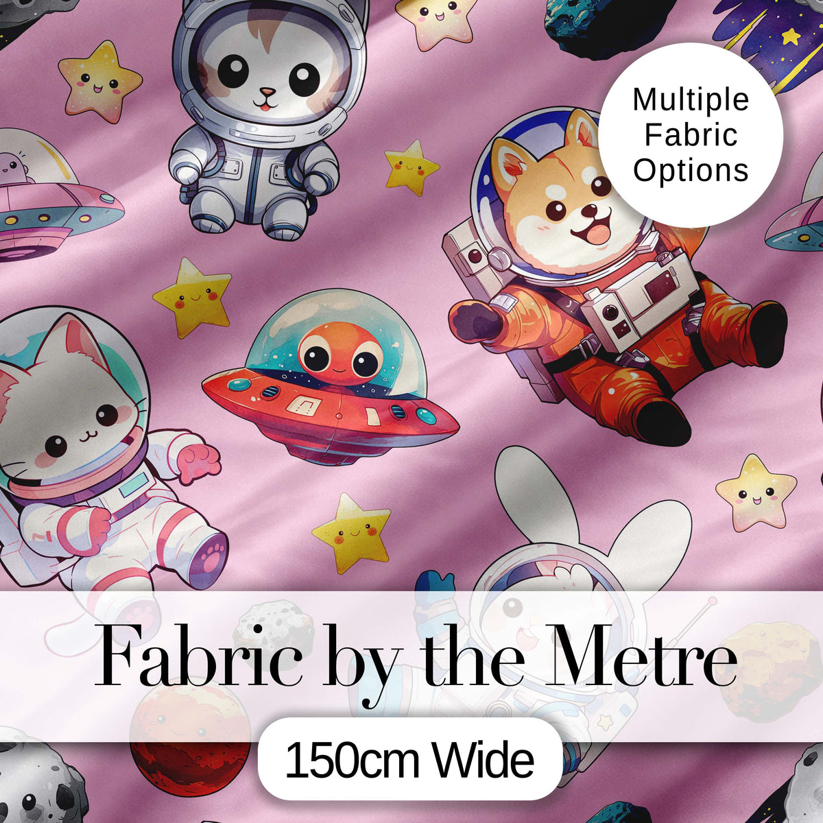 Space Animals Astronaut Dog Bunny UFO Stars Seamless  Soft Pink Background Digital Print Fabric by the Metre UK Sewing Quilting Textile