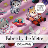 Space Animals Astronaut Dog Bunny UFO Stars Seamless  Soft Pink Background Digital Print Fabric by the Metre UK Sewing Quilting Textile