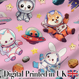 Space Animals Astronaut Dog Bunny UFO Stars Seamless  Soft Pink Background Digital Print Fabric by the Metre UK Sewing Quilting Textile