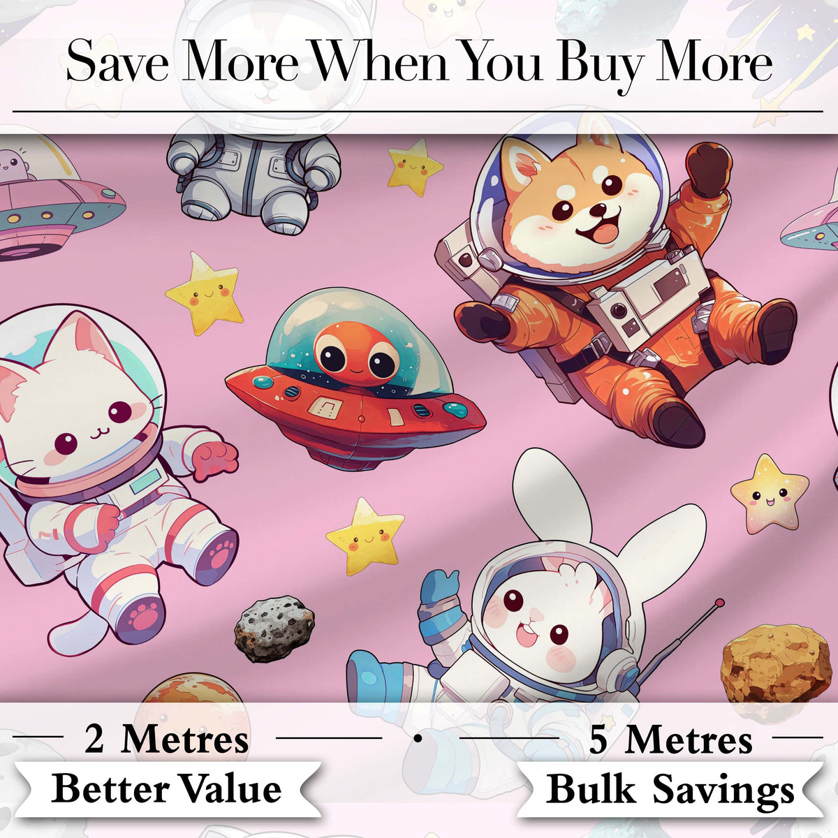 Space Animals Astronaut Dog Bunny UFO Stars Seamless  Soft Pink Background Digital Print Fabric by the Metre UK Sewing Quilting Textile