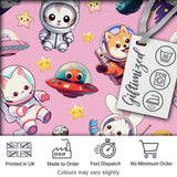 Space Animals Astronaut Dog Bunny UFO Stars Seamless  Soft Pink Background Digital Print Fabric by the Metre UK Sewing Quilting Textile