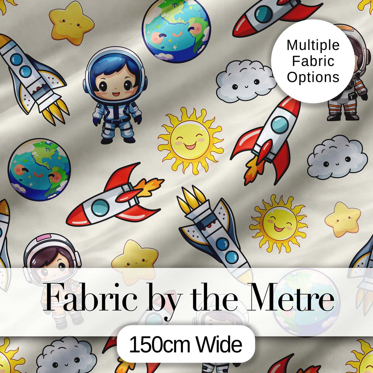 Cute Cartoon Space Rocket Astronaut Sun Earth Clouds Seamless  Cream Background Digital Print Fabric by the Metre UK Sewing Quilting Textile