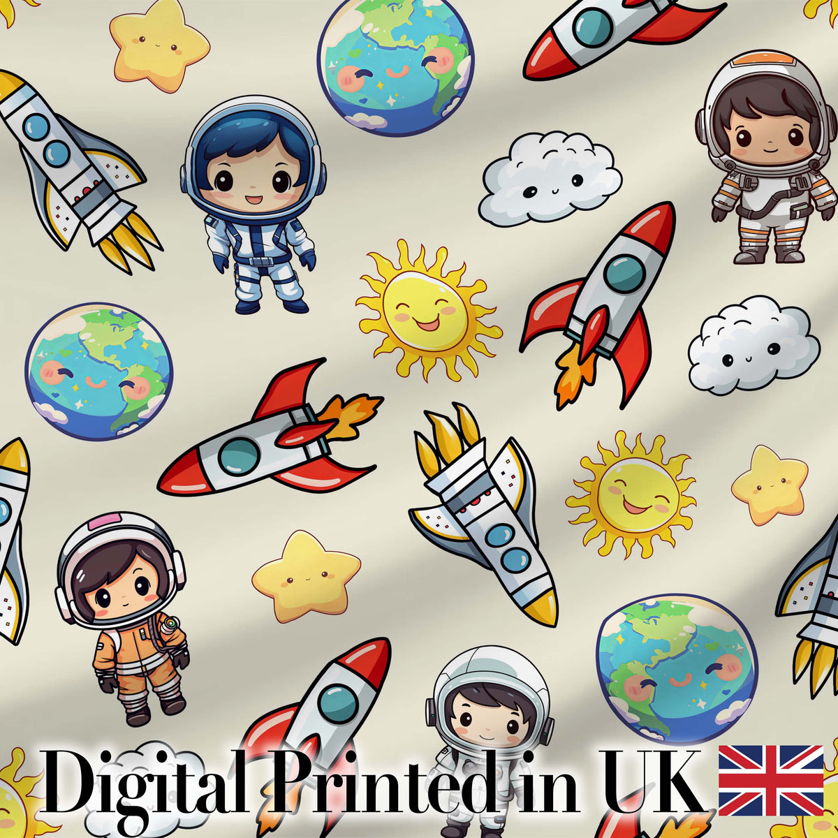 Cute Cartoon Space Rocket Astronaut Sun Earth Clouds Seamless  Cream Background Digital Print Fabric by the Metre UK Sewing Quilting Textile