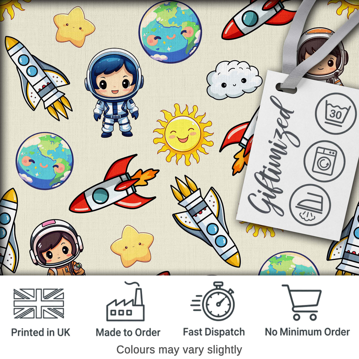 Cute Cartoon Space Rocket Astronaut Sun Earth Clouds Seamless  Cream Background Digital Print Fabric by the Metre UK Sewing Quilting Textile