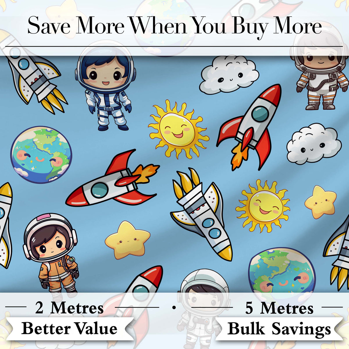 Cute Cartoon Space Rockets Sun Earth Clouds Stars Seamless  Blue Background Digital Print Fabric by the Metre UK Sewing Quilting Textile
