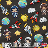 Cartoon Space Rockets  Sun Earth Clouds Stars Seamless  Dark Grey Background Digital Print Fabric by the Metre UK Sewing Quilting Textile