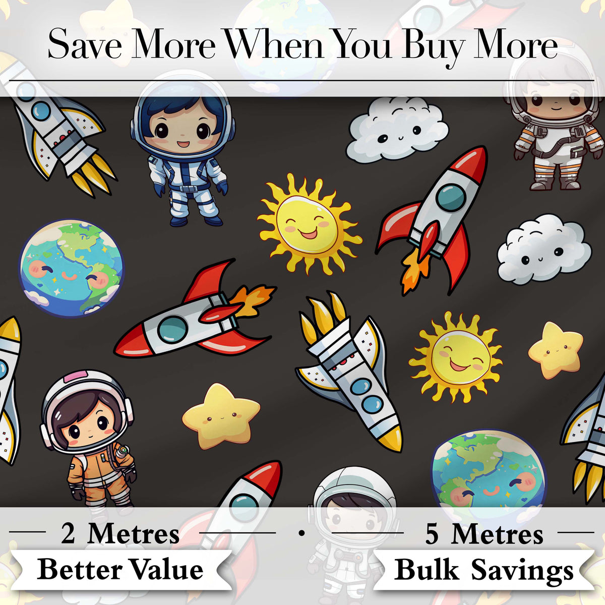 Cartoon Space Rockets  Sun Earth Clouds Stars Seamless  Dark Grey Background Digital Print Fabric by the Metre UK Sewing Quilting Textile