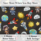 Cartoon Space Rockets  Sun Earth Clouds Stars Seamless  Dark Grey Background Digital Print Fabric by the Metre UK Sewing Quilting Textile