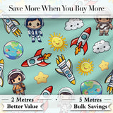 Cute Cartoon Space Rockets  Sun Earth Clouds Stars Seamless  Mint Background Digital Print Fabric by the Metre UK Sewing Quilting Textile