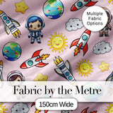 Cartoon Space Rockets  Sun Earth Clouds Stars Seamless  Blush Pink Background Digital Print Fabric by the Metre UK Sewing Quilting Textile