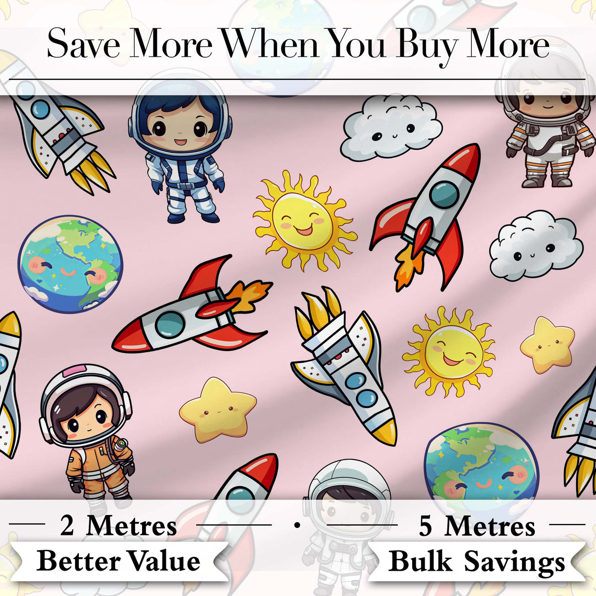 Cartoon Space Rockets  Sun Earth Clouds Stars Seamless  Blush Pink Background Digital Print Fabric by the Metre UK Sewing Quilting Textile