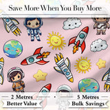 Cartoon Space Rockets  Sun Earth Clouds Stars Seamless  Blush Pink Background Digital Print Fabric by the Metre UK Sewing Quilting Textile