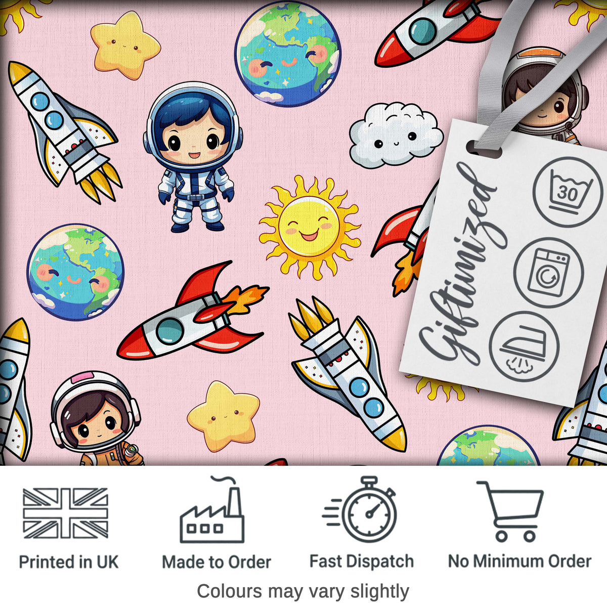 Cartoon Space Rockets  Sun Earth Clouds Stars Seamless  Blush Pink Background Digital Print Fabric by the Metre UK Sewing Quilting Textile