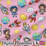 Cartoon Space Rockets  Sun Earth Clouds Stars Seamless  Soft Pink Background Digital Print Fabric by the Metre UK Sewing Quilting Textile