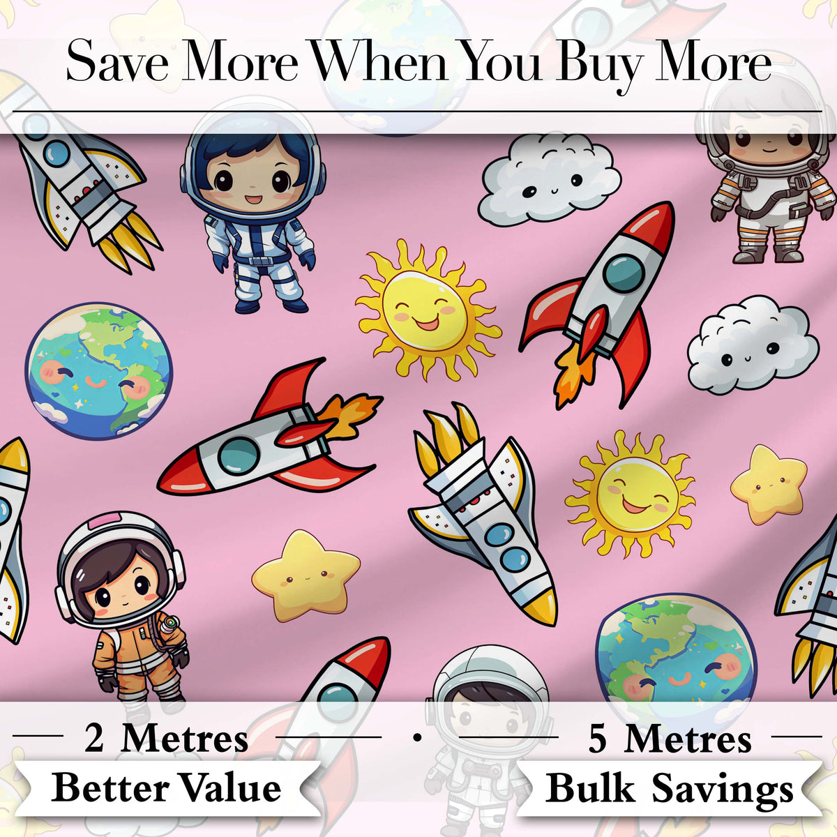 Cartoon Space Rockets  Sun Earth Clouds Stars Seamless  Soft Pink Background Digital Print Fabric by the Metre UK Sewing Quilting Textile