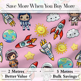 Cartoon Space Rockets  Sun Earth Clouds Stars Seamless  Soft Pink Background Digital Print Fabric by the Metre UK Sewing Quilting Textile