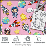 Cartoon Space Rockets  Sun Earth Clouds Stars Seamless  Soft Pink Background Digital Print Fabric by the Metre UK Sewing Quilting Textile