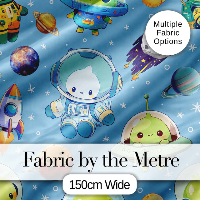 Space Astronaut Alien UFO Planets Meteors Stars Seamless  Blue Background Digital Print Fabric by the Metre UK Sewing Quilting Textile