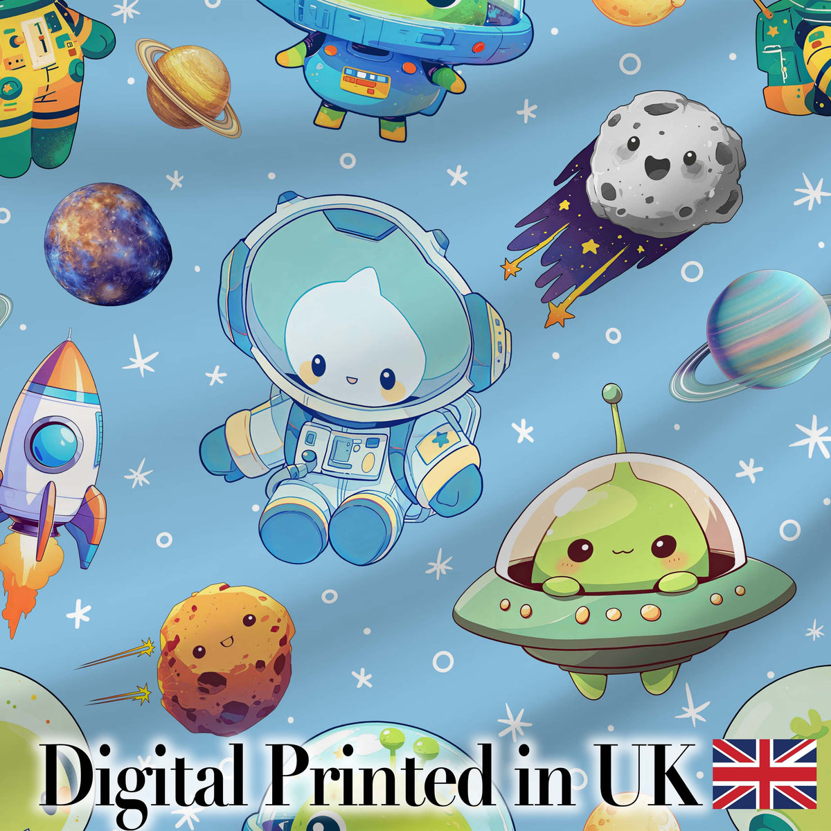 Space Astronaut Alien UFO Planets Meteors Stars Seamless  Blue Background Digital Print Fabric by the Metre UK Sewing Quilting Textile