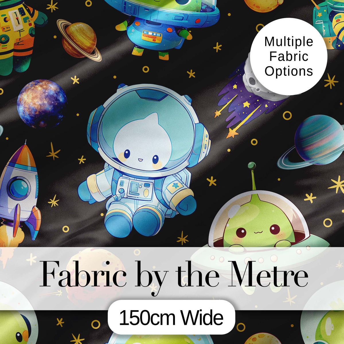 Space Astronaut Alien UFO Planets Meteor Stars Seamless  Dark Brown Background Digital Print Fabric by the Metre UK Sewing Quilting Textile
