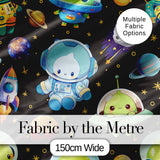 Space Astronaut Alien UFO Planets Meteor Stars Seamless  Dark Brown Background Digital Print Fabric by the Metre UK Sewing Quilting Textile