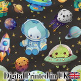 Space Astronaut Alien UFO Planets Meteor Stars Seamless  Dark Brown Background Digital Print Fabric by the Metre UK Sewing Quilting Textile