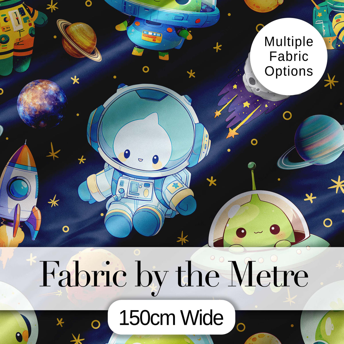 Space Astronaut Alien UFO Planets Meteors Stars Seamless  Navy Background Digital Print Fabric by the Metre UK Sewing Quilting Textile