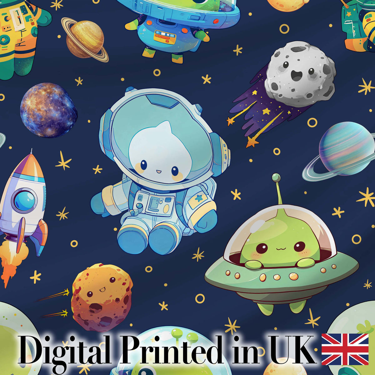 Space Astronaut Alien UFO Planets Meteors Stars Seamless  Navy Background Digital Print Fabric by the Metre UK Sewing Quilting Textile