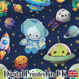 Space Astronaut Alien UFO Planets Meteors Stars Seamless  Navy Background Digital Print Fabric by the Metre UK Sewing Quilting Textile