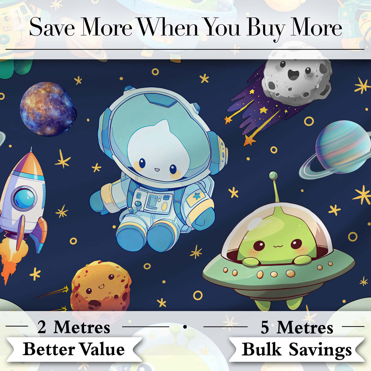 Space Astronaut Alien UFO Planets Meteors Stars Seamless  Navy Background Digital Print Fabric by the Metre UK Sewing Quilting Textile
