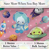 Space Astronaut Alien UFO Planets Meteors Stars Seamless  Pink Background Digital Print Fabric by the Metre UK Sewing Quilting Textile