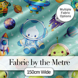 Space Astronaut Alien UFO Planets Meteors Stars Seamless  Mint Background Digital Print Fabric by the Metre UK Sewing Quilting Textile
