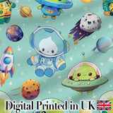 Space Astronaut Alien UFO Planets Meteors Stars Seamless  Mint Background Digital Print Fabric by the Metre UK Sewing Quilting Textile