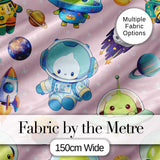 Space Astronaut Alien UFO Planets Meteors Stars Seamless  Soft Pink Background Digital Print Fabric by the Metre UK Sewing Quilting Textile