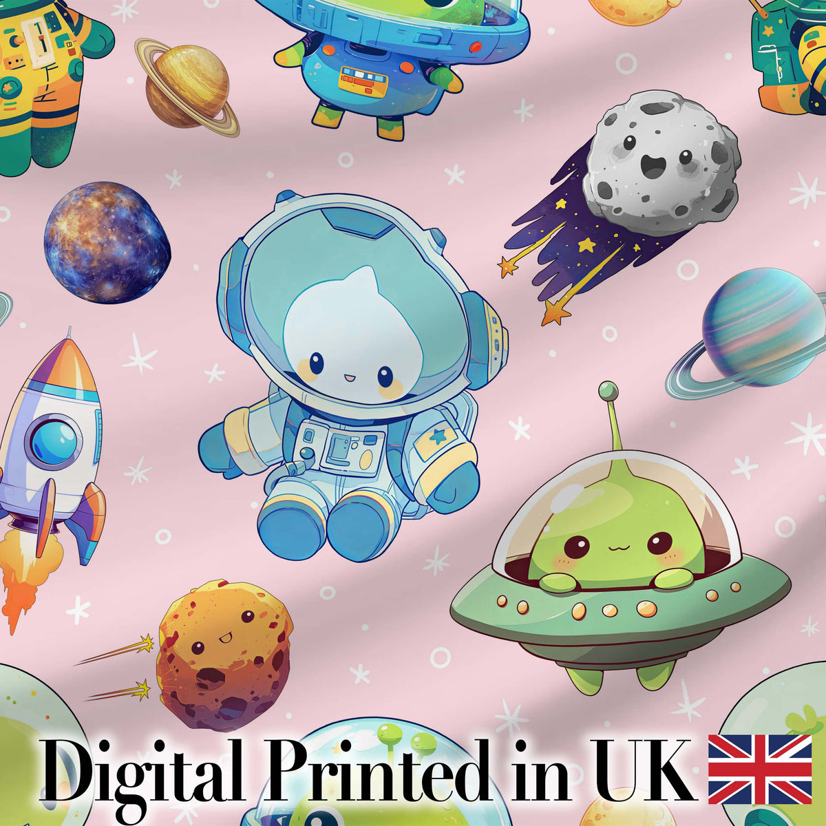 Space Astronaut Alien UFO Planets Meteors Stars Seamless  Soft Pink Background Digital Print Fabric by the Metre UK Sewing Quilting Textile