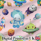 Space Astronaut Alien UFO Planets Meteors Stars Seamless  Soft Pink Background Digital Print Fabric by the Metre UK Sewing Quilting Textile