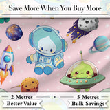 Space Astronaut Alien UFO Planets Meteors Stars Seamless  Soft Pink Background Digital Print Fabric by the Metre UK Sewing Quilting Textile