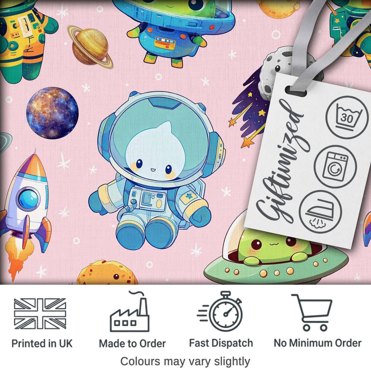 Space Astronaut Alien UFO Planets Meteors Stars Seamless  Soft Pink Background Digital Print Fabric by the Metre UK Sewing Quilting Textile