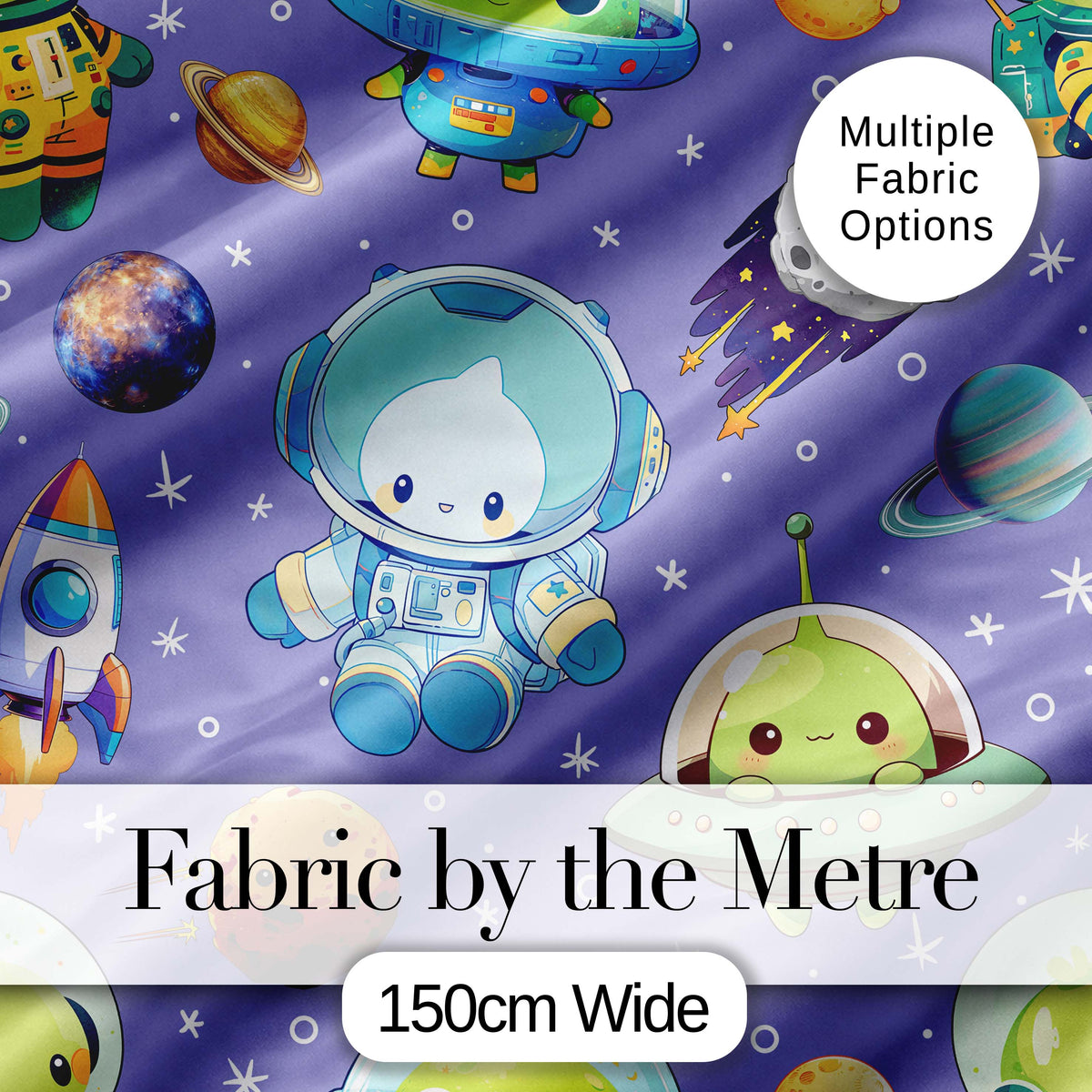 Space Astronaut Alien UFO Planets Meteors Stars Seamless  Purple Background Digital Print Fabric by the Metre UK Sewing Quilting Textile