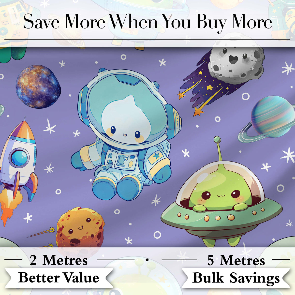 Space Astronaut Alien UFO Planets Meteors Stars Seamless  Purple Background Digital Print Fabric by the Metre UK Sewing Quilting Textile