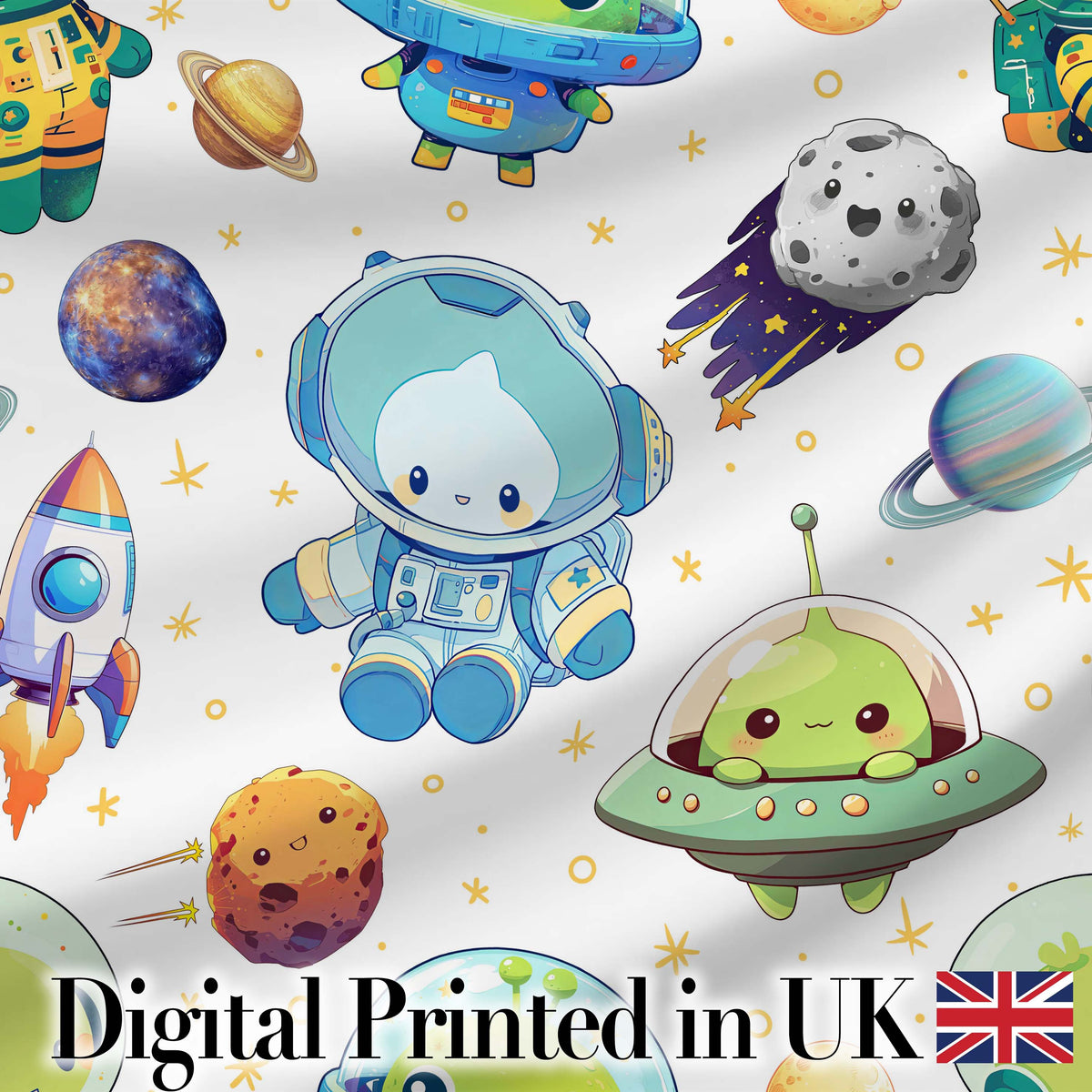 Space Astronaut Alien UFO Planets Meteors Stars Seamless  White Background Digital Print Fabric by the Metre UK Sewing Quilting Textile