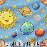 Solar System Sun Earth Saturn Planets Stars Seamless  Blue Background Digital Print Fabric by the Metre UK Sewing Quilting Textile