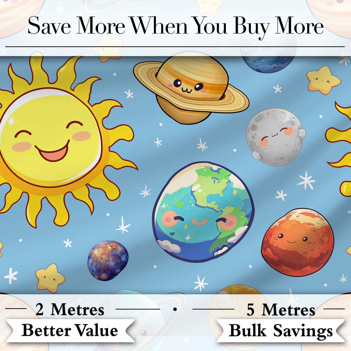 Solar System Sun Earth Saturn Planets Stars Seamless  Blue Background Digital Print Fabric by the Metre UK Sewing Quilting Textile