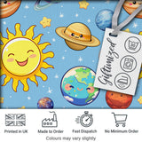 Solar System Sun Earth Saturn Planets Stars Seamless  Blue Background Digital Print Fabric by the Metre UK Sewing Quilting Textile
